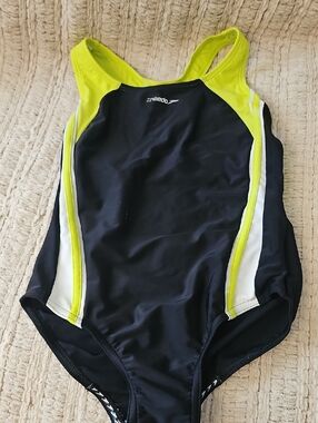 Speedo Black, Neon Yellow and White Racerback One-Piece Swim Suit
